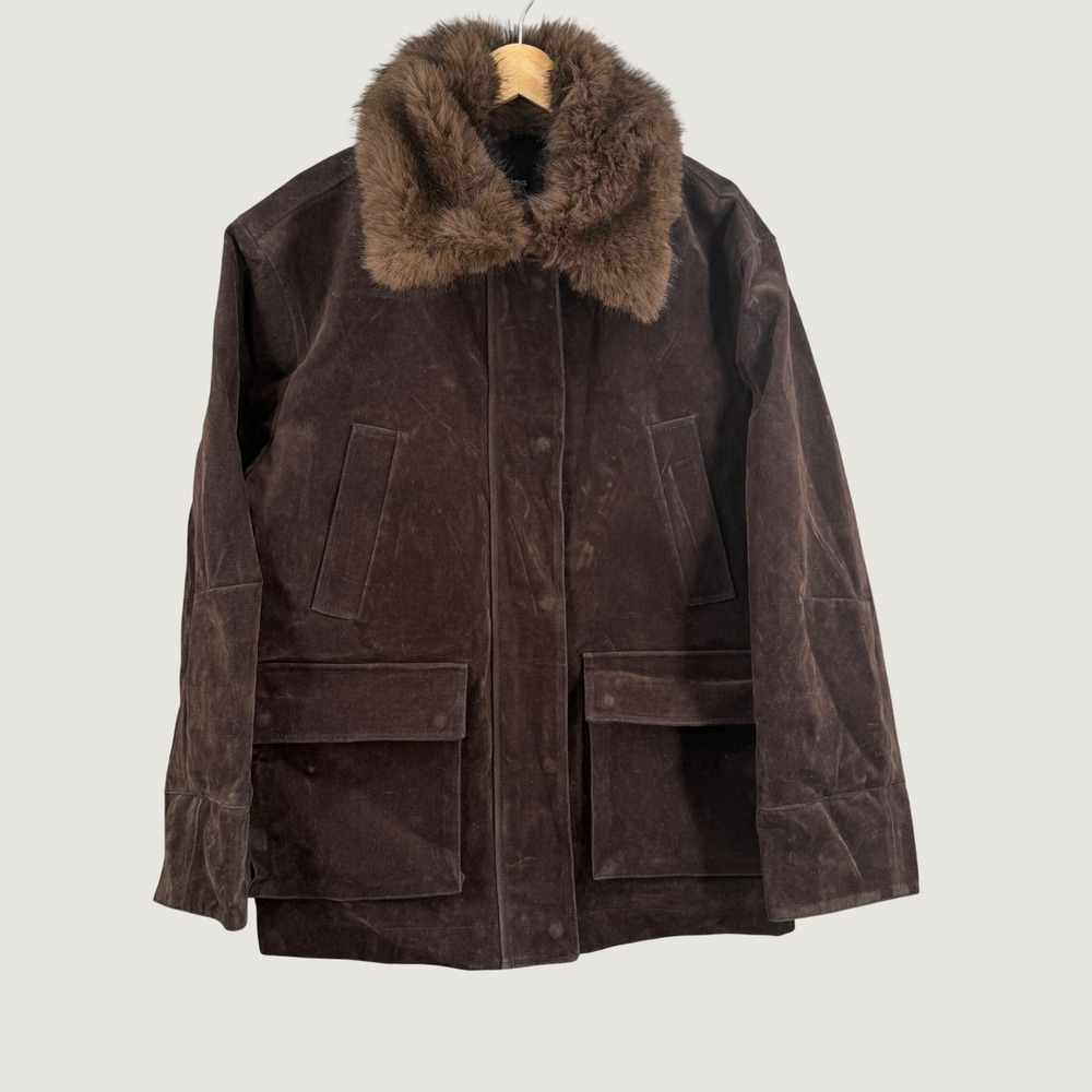 MNG Mango Brown Corduroy Jacket Removable Faux Fur Collar Utility Coat Medium